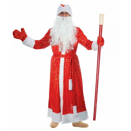 Карнавальный костюм Деда Мороза "Золотые снежинки", шуба, пояс, шапка, варежки, борода, р-р 56-58, рост 176-182 см, мех микс (золотистый) - изображение №1