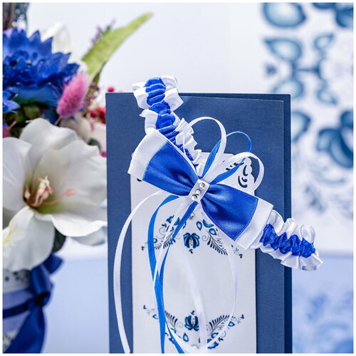 Подвязка Свадебная мечта, белый, синий (синий/белый)