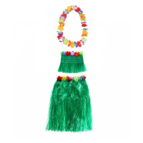Гавайская юбка зеленая 60 см, топ, ожерелье лея 96 см (зеленый)