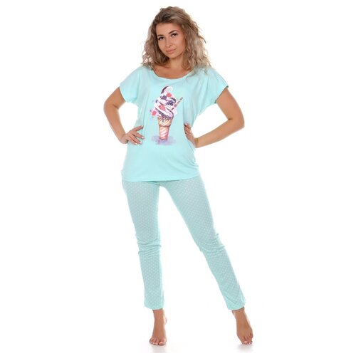 Пижама ALERAN, брюки, футболка, короткий рукав, пояс, бирюзовый, голубой (мятный/голубой/бирюзовый)