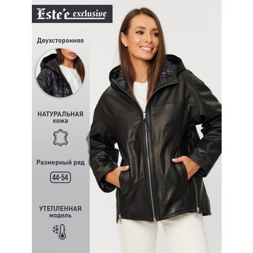 Кожаная куртка  Este'e exclusive Fur&Leather демисезонная, оверсайз, капюшон, черный - изображение №1