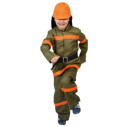 Карнавальный костюм "Пожарный", куртка, брюки, ремень, шлем, р-р 32-34, рост 128-134 см (синий/коричневый/оранжевый/хаки/коричневый-оранжевый) - изображение №1