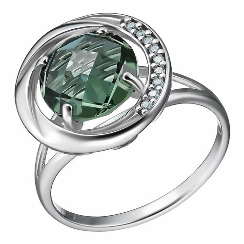 Перстень, серебро, 925 проба, родирование, фианит, кварц, кварц синтетический, серебряный, зеленый (зеленый/серебристый)