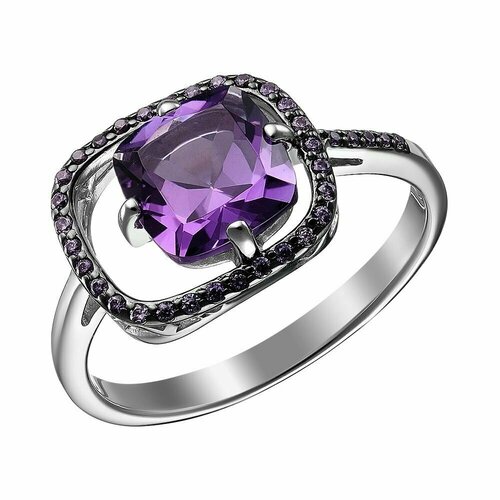 Перстень, серебро, 925 проба, родирование, фианит, аметист, серебряный, фиолетовый (фиолетовый/серебристый)