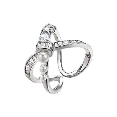 Кольцо WASABI jewell, циркон, жемчуг имитация, фианит, безразмерное, белый, серебряный (серебристый/белый)