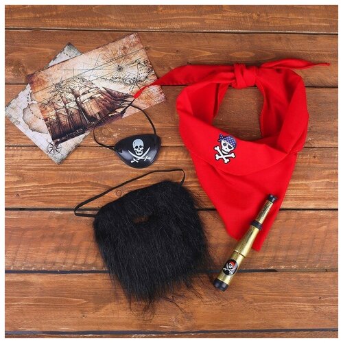 Карнавальный костюм "Чёрная борода", бандана, подзорная труба, наглазник, борода (черный/красный)