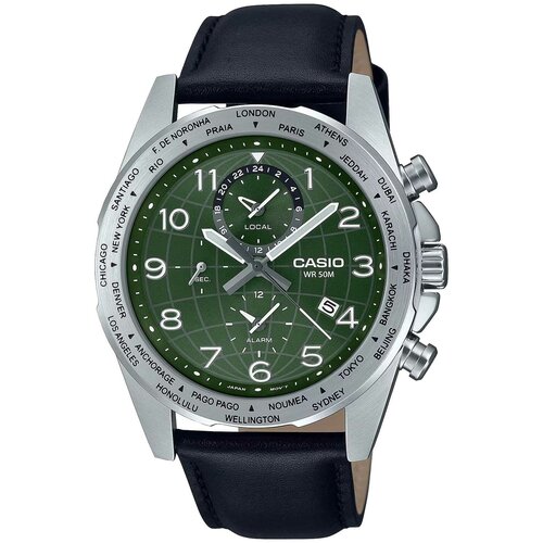 Наручные часы CASIO Часы мужские Casio MTP-W500L-3A, черный, зеленый (черный/зеленый/серебристый)
