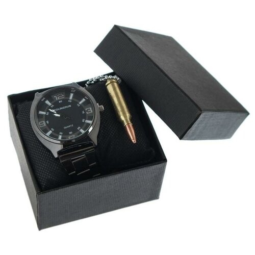 Наручные часы Сима-ленд Подарочный набор 2 в 1 "Bolingdun": наручные часы, d=4.8 см, кулон 5256911, черный, золотой (черный/желтый/золотистый)