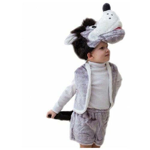 Карнавальный костюм "Волк", шапка, жилет, шорты с хвостом 5-7 лет, рост 122-134 989/б (серый/белый/белый-серый/мультицвет)
