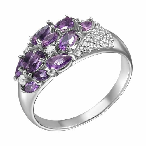 Перстень, серебро, 925 проба, родирование, фианит, аметист, серебряный, бесцветный (фиолетовый/серебристый/бесцветный)