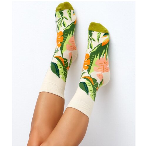 Женские носки Minaku средние, фантазийные, бежевый, зеленый (бежевый/зеленый)