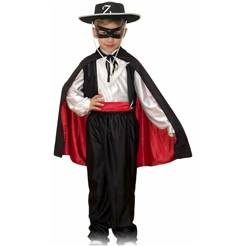 Карнавальный костюм "Зорро" для мальчика ростом 116-122 см: состоит из брюк, шляпы, плаща, рубашки, пояса и маски (черный)