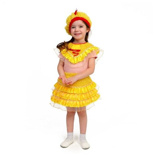Карнавальный костюм «Цыпочка с жабо», мех, накидка, юбка, берет, рост 110-116 см (красный/желтый/желтый-красный)
