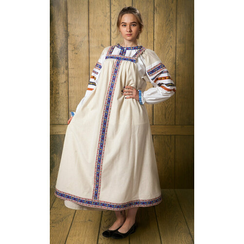 Русский народный костюм женский карнавальный славянский сарафан взрослый лен бежевый больших размеров отделка в ассортименте (бежевый/белый)