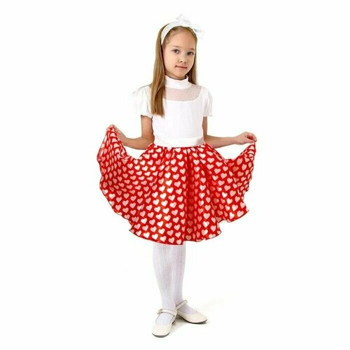 Карнавальный набор "Стиляги 3", юбка красная с белыми сердцами, пояс, повязка, рост 122-128 см / 9744961 (красный)