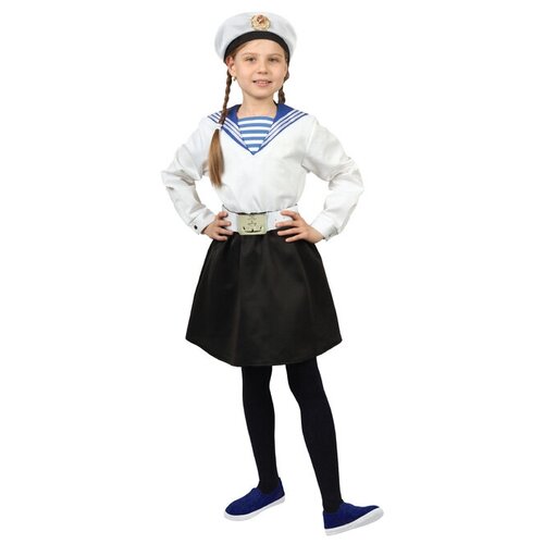 Карнавальный костюм Страна Карнавалия "Морячка в бескозырке" для девочки, белая фланка, юбка, ремень, рост 110-116 см (черный/голубой/фиолетовый/белый)