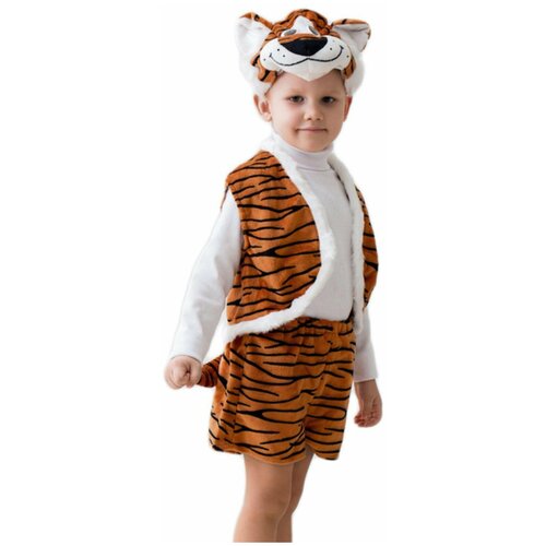Карнавальный костюм детский "Тигр", праздничный наряд для мальчика (шапка, жилет, шорты с хвостом), 3-5 лет, рост 104-116 см (черный/оранжевый/белый)