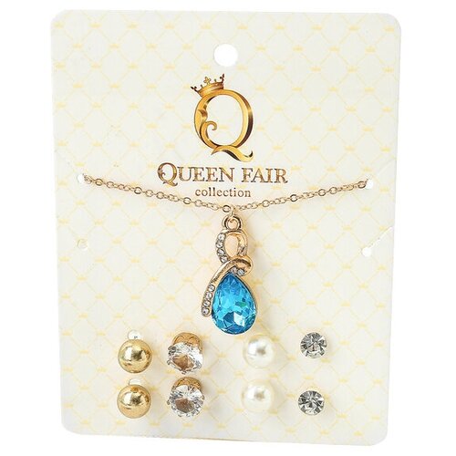 Комплект бижутерии Queen Fair: колье, серьги, пластик, стекло, жемчуг имитация, золотой, голубой (голубой/желтый/белый/золотистый/бесцветный)