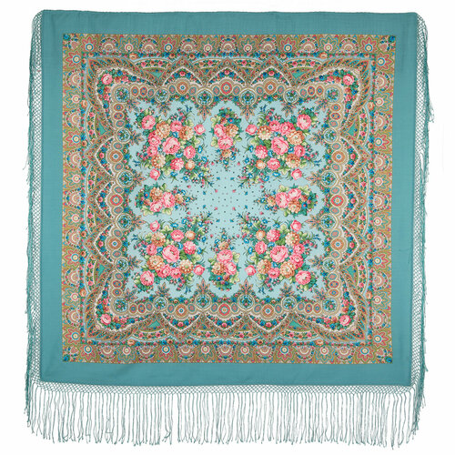 Платок Павловопосадская платочная мануфактура, 148х148 см, голубой, бирюзовый (розовый/голубой/зеленый/бирюзовый)
