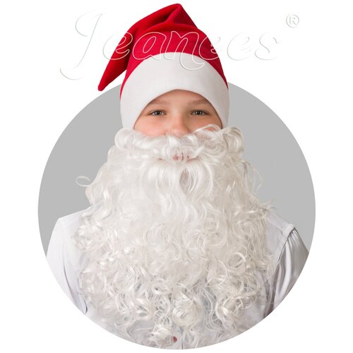 Карнавальный набор батик колпак новогодний красный с бородой плюш (красный/белый) - изображение №1