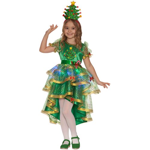 Карнавальный костюм «Ёлочка лучистая», платье, головной убор, р. 32, рост 122 см (зеленый/мультицвет)