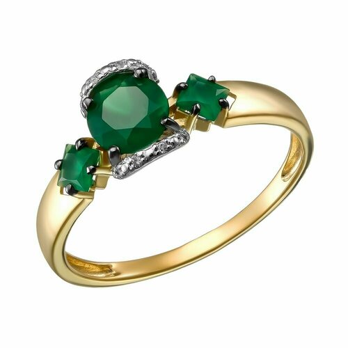 Перстень, серебро, 925 проба, золочение, родирование, агат, бриллиант, зеленый, бесцветный (зеленый/золотистый/бесцветный/прозрачный) - изображение №1