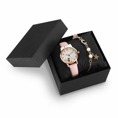 Наручные часы Сима-ленд Подарочный набор 2 в 1 "Кошечка": наручные часы и браслет, розовый, розовый - изображение №1