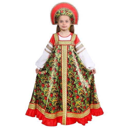 Русский народный костюм "Рябинушка" для девочки, рост 146 см (красный/разноцветный/зеленый/желтый/белый/мультицвет)