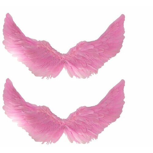 Крылья ангела розовые перьевые карнавальные большие 60х35см, на Хэллоуин и Новый год (2 пары в наборе) (розовый) - изображение №1