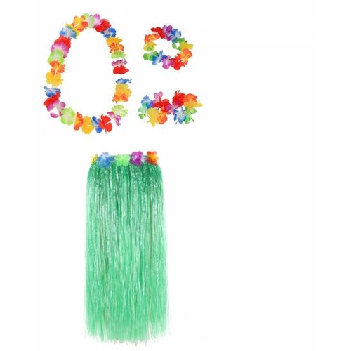 Гавайская юбка зеленая 80 см, ожерелье лея 96 см, венок, 2 браслета (набор) (зеленый)