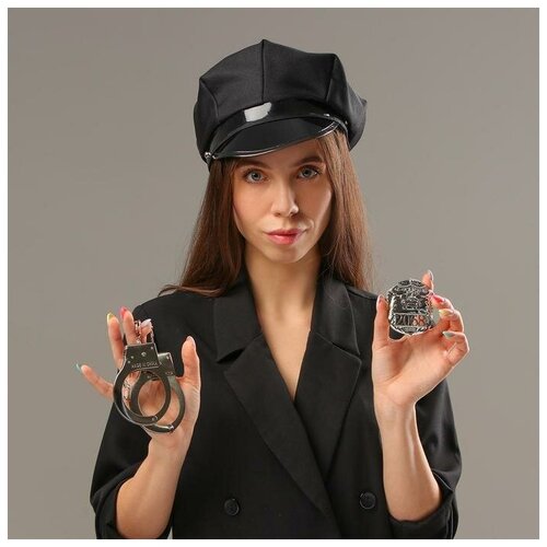 Карнавальный набор «Секс-полиция», шапка, наручники, брошь (серый/черный) - изображение №1
