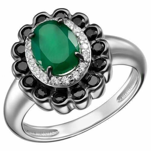Перстень, серебро, 925 проба, родирование, фианит, агат, серебряный, бесцветный (зеленый/серебристый/бесцветный)