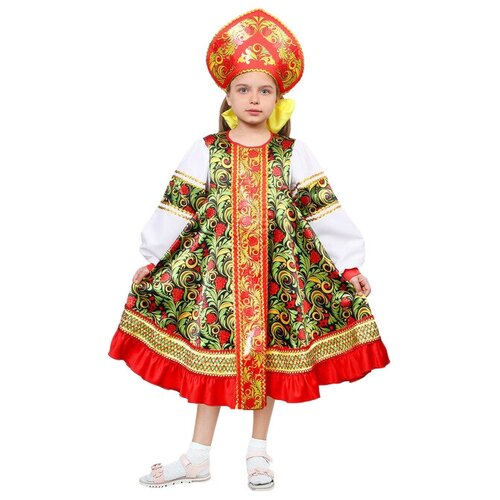 Русский народный костюм для девочки "Рябинка", платье, кокошник, рост 122-128 см (красный/желтый/белый)