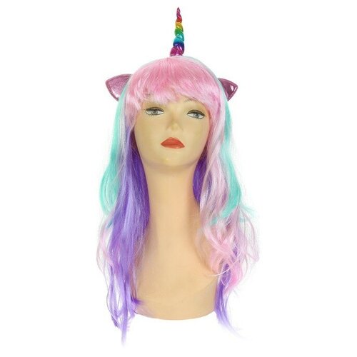 Карнавальный парик "Единорог" (разноцветный/розовый/фиолетовый) - изображение №1