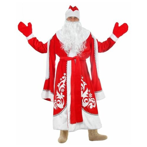 Карнавальный костюм "Дед Мороз", боярская шуба с узором, шапка, варежки, борода, р-р 48-50 (красный)