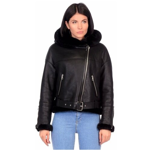 Куртка Este'e exclusive Fur&Leather, овчина, укороченная, оверсайз, карманы, капюшон, пояс/ремень, черный