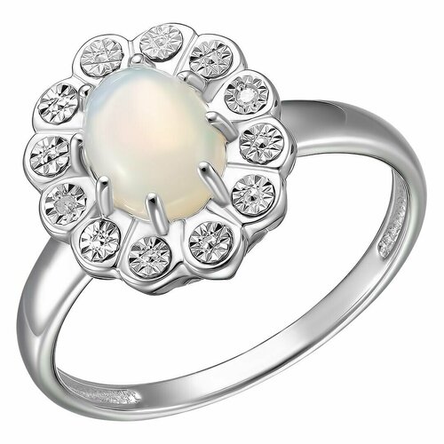 Перстень, серебро, 925 проба, родирование, опал, бриллиант, серебряный, бесцветный (серебристый/белый/бесцветный)