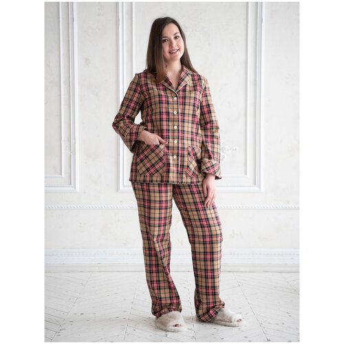 Пижама Pijama Story, брюки, рубашка, длинный рукав, утепленная, пояс, пояс на резинке, карманы, бежевый