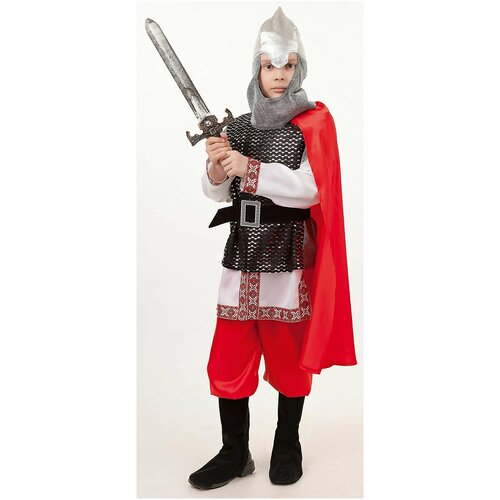 Карнавальный костюм "Богатырь" для мальчиков ростом 128 - 134 см: в наборе кольчуга, рубаха, шлем, брюки, плащ, меч