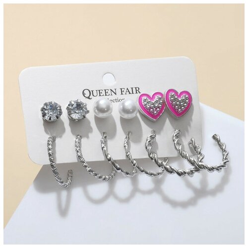 Комплект серег Queen Fair, бижутерный сплав, пластик, стекло, эмаль, серебряный, розовый (розовый/серебристый/белый)