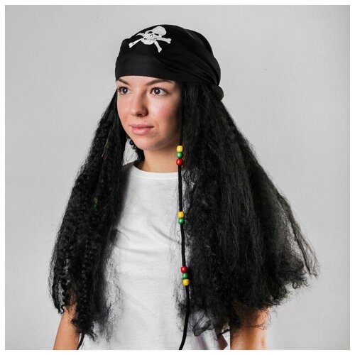 Карнавальный парик «Пират», бандана с длинными волосами, 110 г (черный)