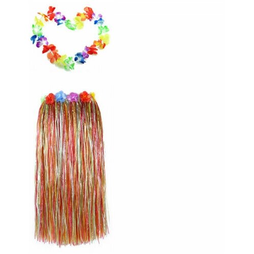 Гавайская юбка длинная разноцветная с цветочками 80 см, гавайское ожерелье 96 см (разноцветный/мультицвет)