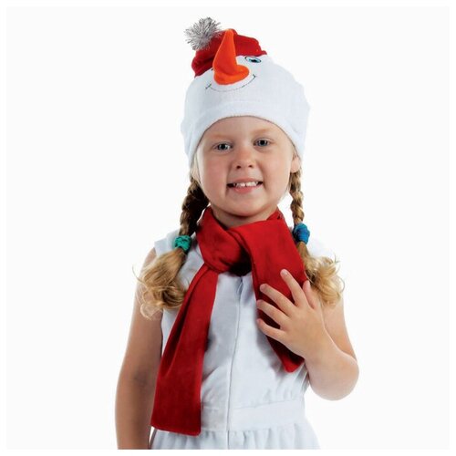 Костюм "Снеговик в красной шапке" шапка, шарф, велюр (красный/белый)