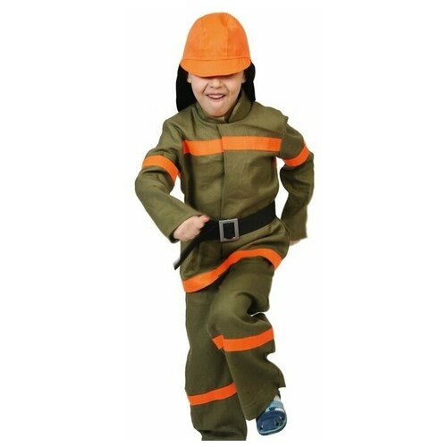Карнавальный костюм "Пожарный", куртка, брюки, ремень, шлем, р-р 30-32, рост 116-122 см (коричневый/мультицвет/коричневый-оранжевый)