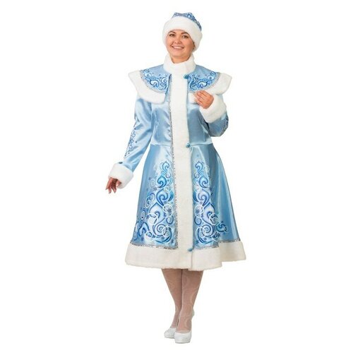 Карнавальный костюм "Снегурочка", сатин, шуба с аппликацией, шапка, р. 54-56, рост 176 см, цвет голубой