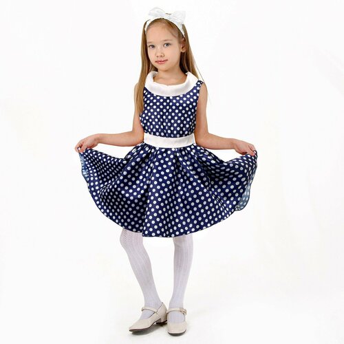 Костюм карнавальный "Стиляги 5", платье синее, повязка, р. 30, рост 110-116 см, для девочки (белый)