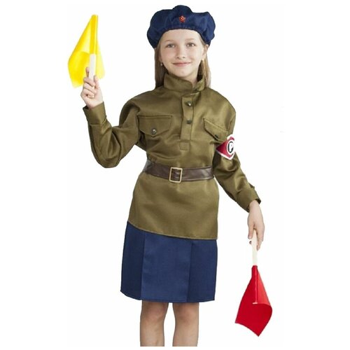 Военный костюм «Регулировщица», 5-7 лет, рост 122-134 см (зеленый/мультицвет/зеленый-синий) - изображение №1