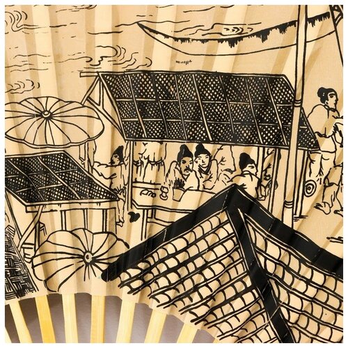 Веер бамбук, текстиль h=120 см "Старинный город" крафт 7625368 (бежевый/белый)