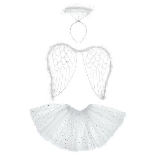 Карнавальный набор "Ангел", 3 предмета: крылья, юбка, ободок (серебристый/белый)