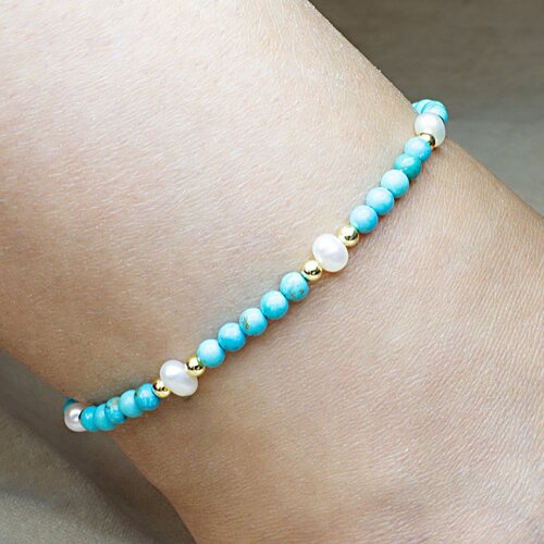 Браслет на ногу Jewelry a vento женский, из бирюзы и жемчуга, бирюзовый, длина 22 + 5 см (голубой/бирюзовый)